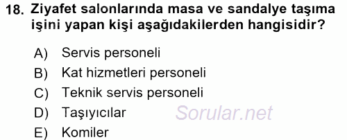 Otel İşletmelerinde Destek Hizmetleri 2017 - 2018 Dönem Sonu Sınavı 18.Soru