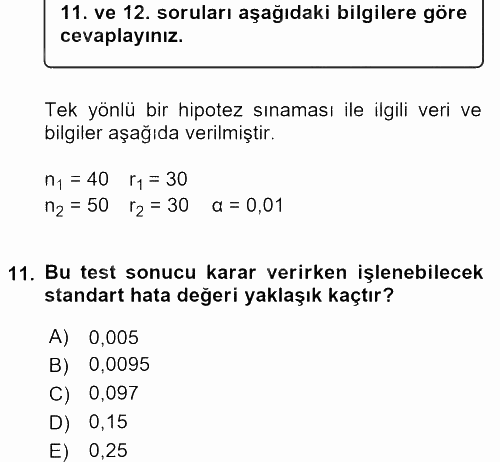 İstatistik 2 2015 - 2016 Ara Sınavı 11.Soru