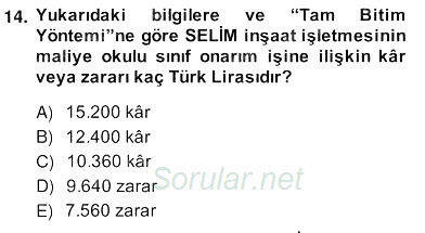 İnşaat ve Gayrimenkul Muhasebesi 2013 - 2014 Ara Sınavı 14.Soru