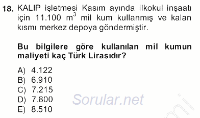 İnşaat ve Gayrimenkul Muhasebesi 2013 - 2014 Ara Sınavı 18.Soru