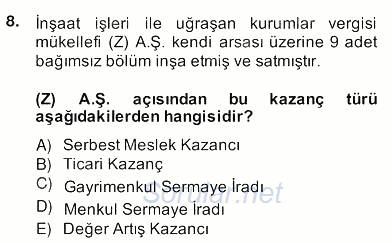 İnşaat ve Gayrimenkul Muhasebesi 2013 - 2014 Ara Sınavı 8.Soru