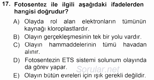 Genel Biyoloji 1 2013 - 2014 Tek Ders Sınavı 17.Soru