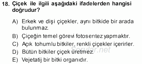 Genel Biyoloji 1 2013 - 2014 Tek Ders Sınavı 18.Soru