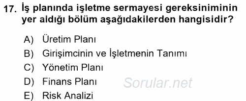 İş Planı 2016 - 2017 Dönem Sonu Sınavı 17.Soru