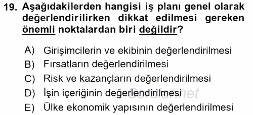 İş Planı 2016 - 2017 Dönem Sonu Sınavı 19.Soru