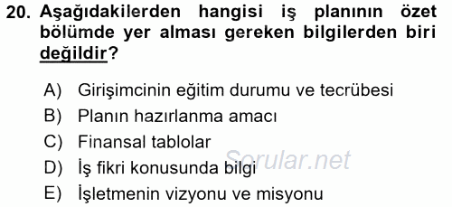 İş Planı 2016 - 2017 Dönem Sonu Sınavı 20.Soru
