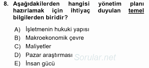 İş Planı 2016 - 2017 Dönem Sonu Sınavı 8.Soru
