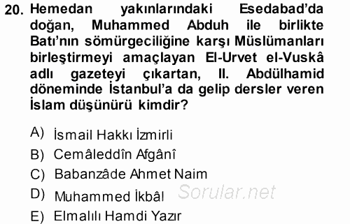 İslam Düşünce Tarihi 2014 - 2015 Ara Sınavı 20.Soru