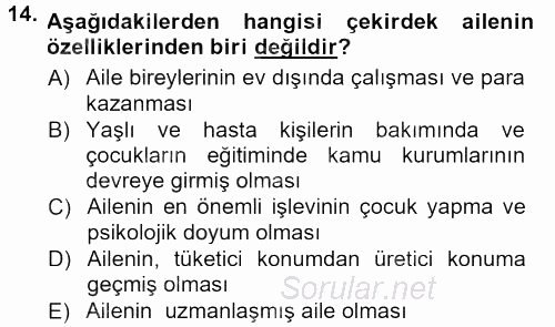 Toplumsal Yaşamda Aile 2012 - 2013 Dönem Sonu Sınavı 14.Soru