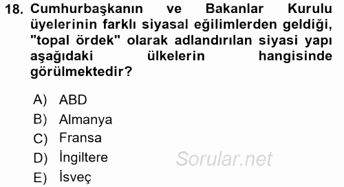 Karşılaştırmalı Siyasal Sistemler 2016 - 2017 Ara Sınavı 18.Soru
