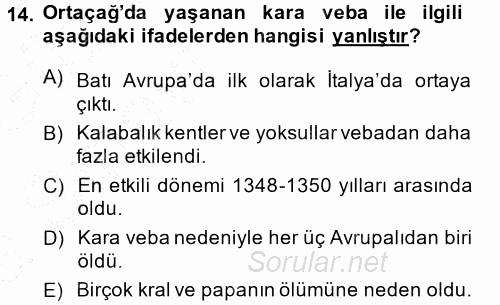 Orta Çağ-Yeni Çağ Avrupa Tarihi 2014 - 2015 Ara Sınavı 14.Soru
