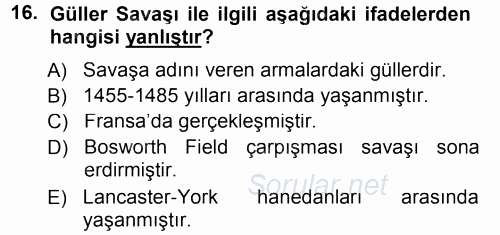 Orta Çağ-Yeni Çağ Avrupa Tarihi 2014 - 2015 Ara Sınavı 16.Soru