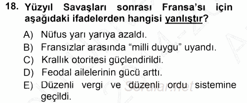 Orta Çağ-Yeni Çağ Avrupa Tarihi 2014 - 2015 Ara Sınavı 18.Soru