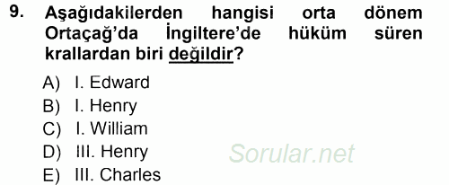 Orta Çağ-Yeni Çağ Avrupa Tarihi 2014 - 2015 Ara Sınavı 9.Soru