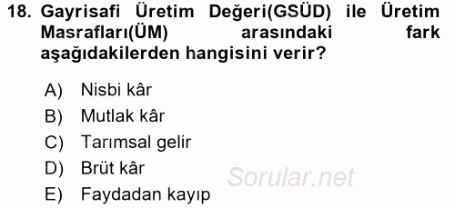 Tarım Ekonomisi 2017 - 2018 Ara Sınavı 18.Soru