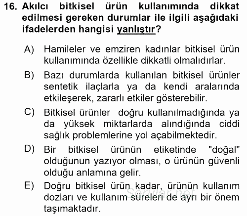 Temel İlaç Bilgisi Ve Akılcı İlaç Kullanımı 2017 - 2018 3 Ders Sınavı 16.Soru