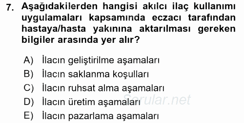Temel İlaç Bilgisi Ve Akılcı İlaç Kullanımı 2017 - 2018 3 Ders Sınavı 7.Soru