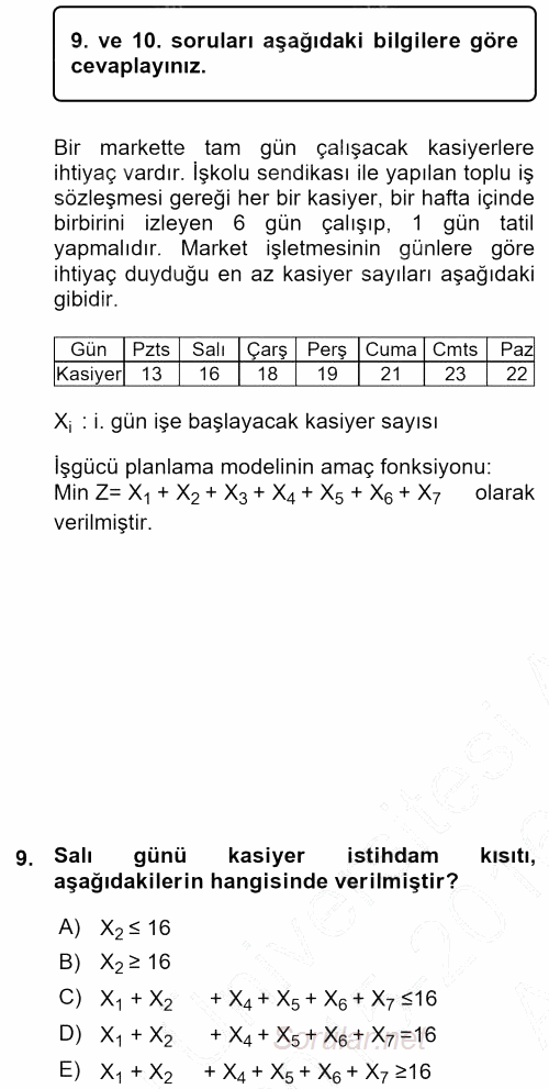 Yöneylem Araştırması 1 2015 - 2016 Ara Sınavı 9.Soru
