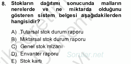 Ön Muhasebe Yazılımları Ve Kullanımı 2013 - 2014 Dönem Sonu Sınavı 8.Soru