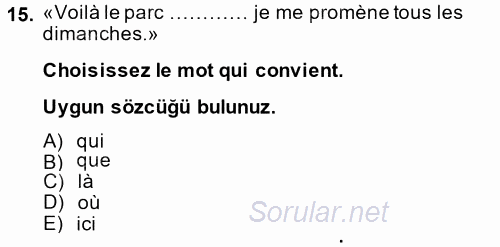 Fransızca 2 2014 - 2015 Ara Sınavı 15.Soru