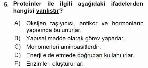 Genel Biyoloji 1 2015 - 2016 Tek Ders Sınavı 5.Soru