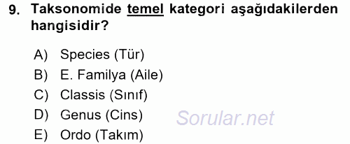 Genel Biyoloji 1 2015 - 2016 Tek Ders Sınavı 9.Soru
