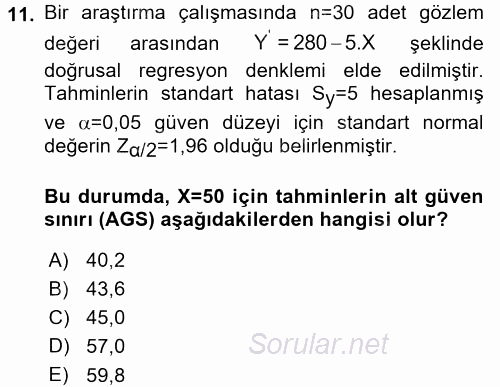 Coğrafi Bilgi Sistemleri İçin Temel İstatistik 2015 - 2016 Dönem Sonu Sınavı 11.Soru