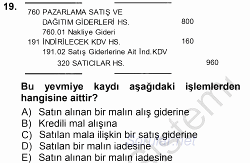 Genel Muhasebe 1 2014 - 2015 Dönem Sonu Sınavı 19.Soru