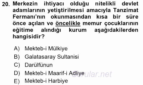 Türk İdare Tarihi 2015 - 2016 Dönem Sonu Sınavı 20.Soru