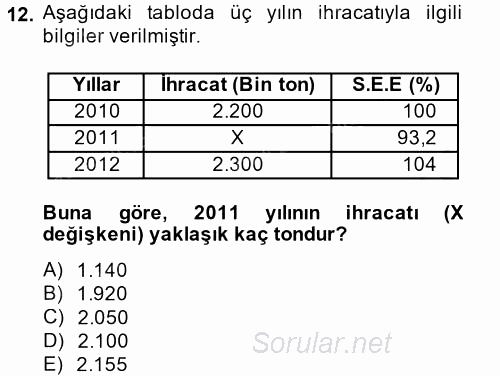 İstatistik 2014 - 2015 Tek Ders Sınavı 12.Soru