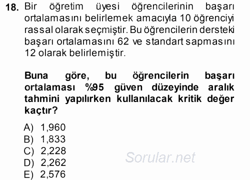 İstatistik 2014 - 2015 Tek Ders Sınavı 18.Soru