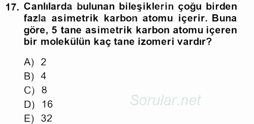 Hücre Kimyası 2014 - 2015 Dönem Sonu Sınavı 17.Soru