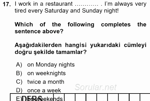 Ingilizce 1 2015 - 2016 Ara Sınavı 17.Soru