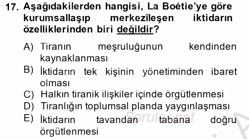 Siyasi Düşünceler Tarihi 2013 - 2014 Ara Sınavı 17.Soru