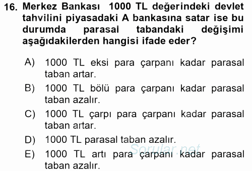 Para ve Banka 2017 - 2018 3 Ders Sınavı 16.Soru