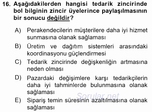 Lojistik İlkeleri 2016 - 2017 Ara Sınavı 16.Soru