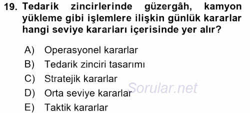 Lojistik İlkeleri 2016 - 2017 Ara Sınavı 19.Soru