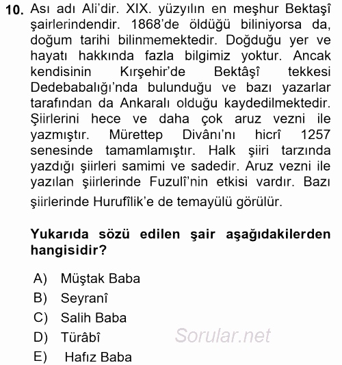 Türk Halk Şiiri 2016 - 2017 Dönem Sonu Sınavı 10.Soru