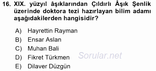 Türk Halk Şiiri 2016 - 2017 Dönem Sonu Sınavı 16.Soru