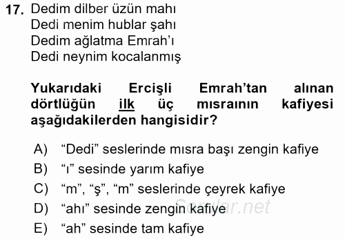 Türk Halk Şiiri 2016 - 2017 Dönem Sonu Sınavı 17.Soru