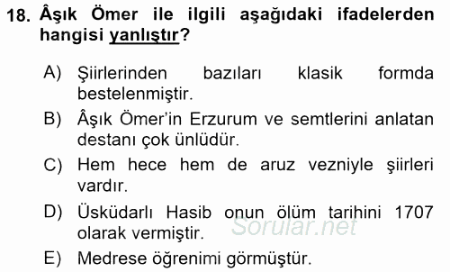 Türk Halk Şiiri 2016 - 2017 Dönem Sonu Sınavı 18.Soru