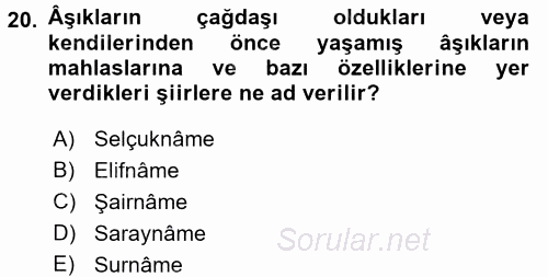 Türk Halk Şiiri 2016 - 2017 Dönem Sonu Sınavı 20.Soru