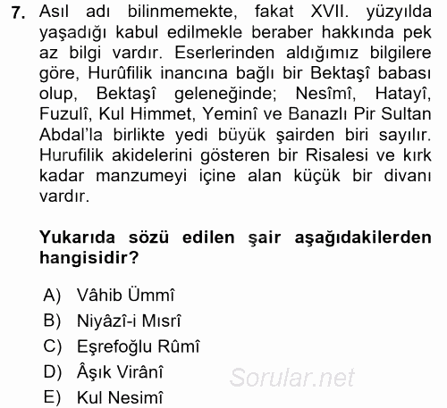 Türk Halk Şiiri 2016 - 2017 Dönem Sonu Sınavı 7.Soru