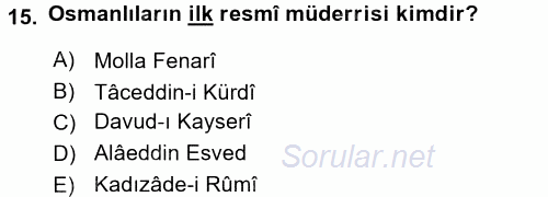 İslam Kurumları ve Medeniyeti 2017 - 2018 Dönem Sonu Sınavı 15.Soru