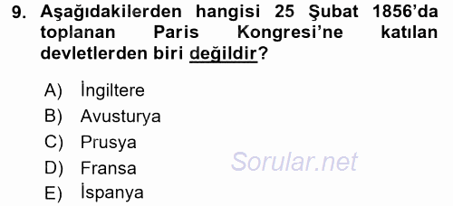 Osmanlı Tarihi (1789-1876) 2016 - 2017 Dönem Sonu Sınavı 9.Soru