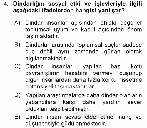 Din Psikolojisi 2015 - 2016 Dönem Sonu Sınavı 4.Soru