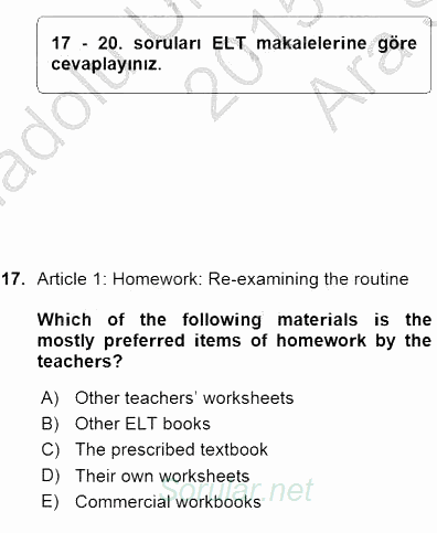 İleri Okuma Ve Yazma Becerileri 1 2015 - 2016 Ara Sınavı 17.Soru