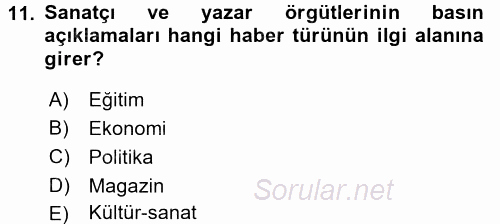 Haber Türleri 2016 - 2017 Dönem Sonu Sınavı 11.Soru