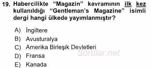 Haber Türleri 2016 - 2017 Dönem Sonu Sınavı 19.Soru