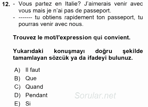 Fransızca 2 2017 - 2018 3 Ders Sınavı 12.Soru